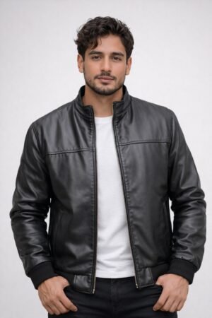 Black Stand Collar Leather Jacket