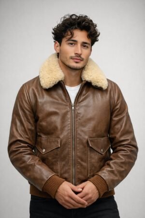 Brown Shearling Leather Bomber Jacket