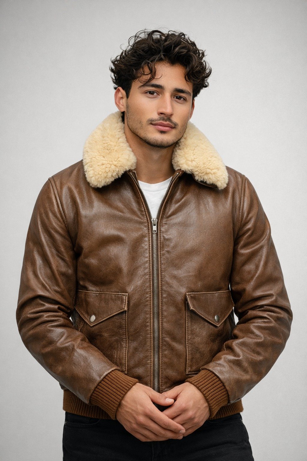 Brown Shearling Leather Bomber Jacket