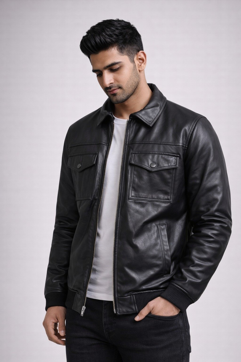 Black Leather Bomber Jacket