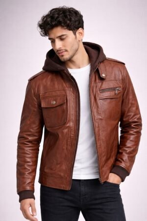 Brown Leather Hooded Jacket