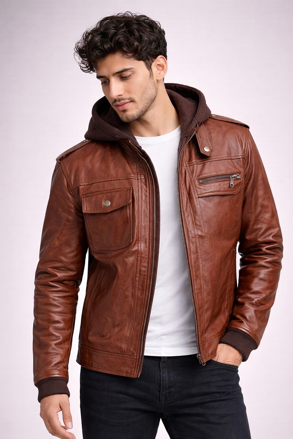 Brown Leather Hooded Jacket