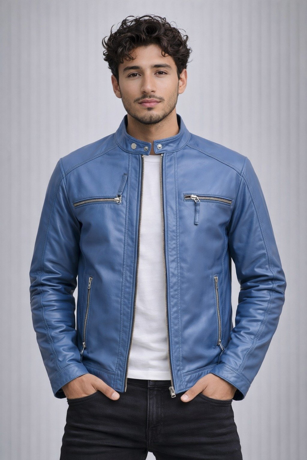 Modern Blue Leather Jacket